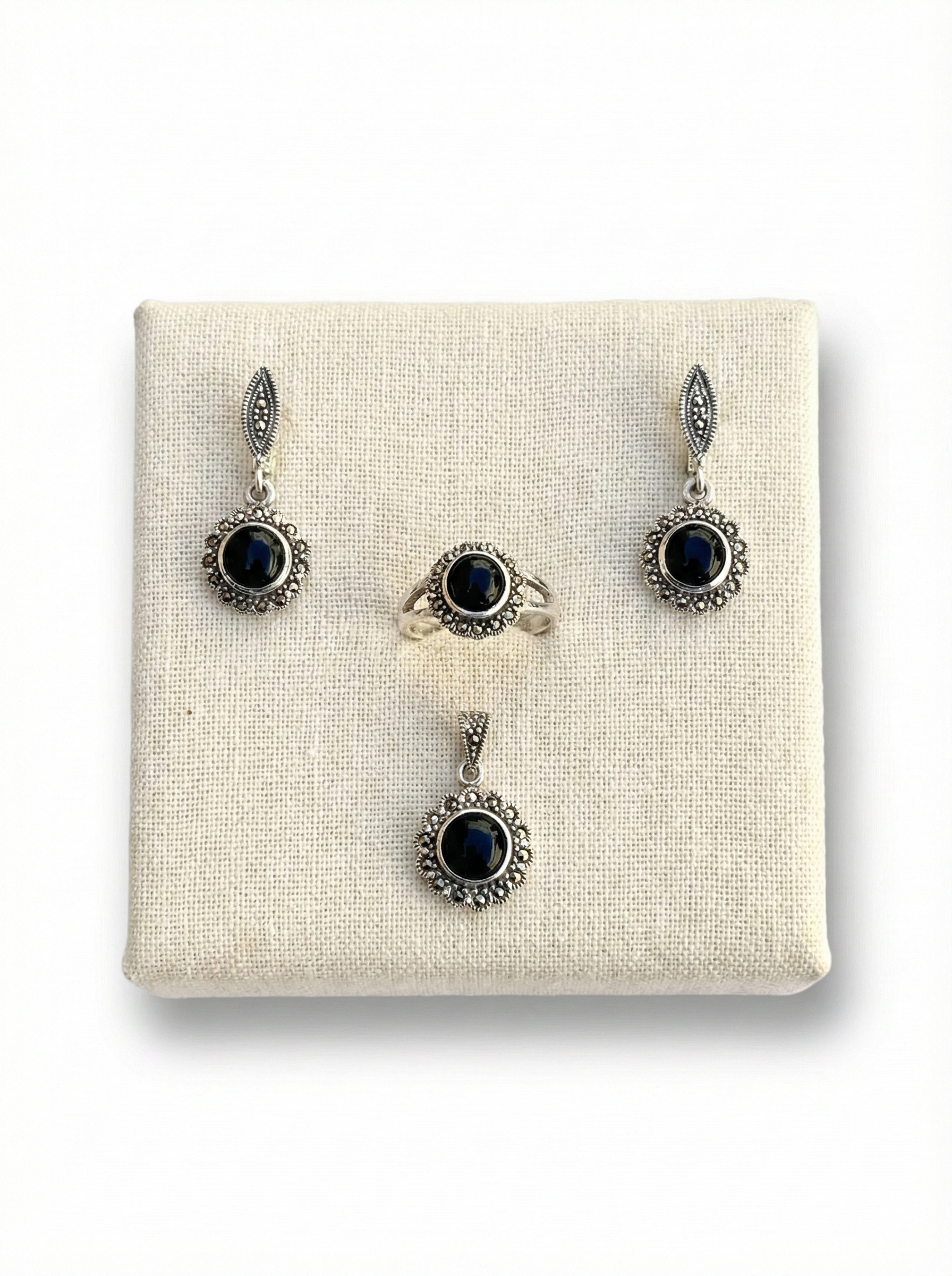 Emerald Cabochon Marcasite Vintage Set