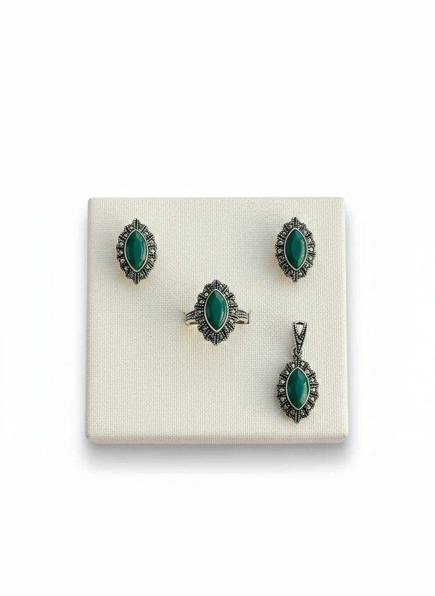 Malachite Marcasite Vintage Eye Set