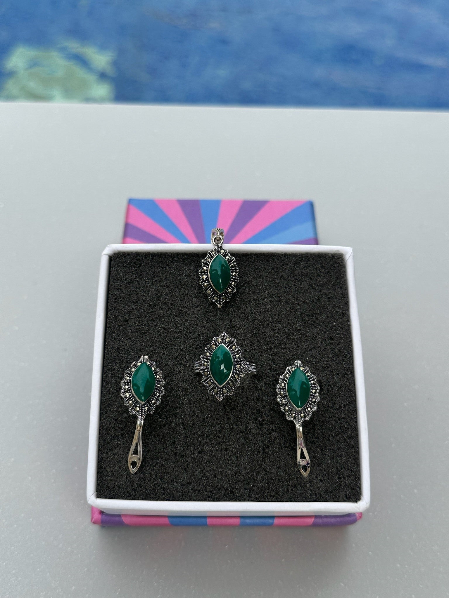 Malachite Marcasite Vintage Eye Set