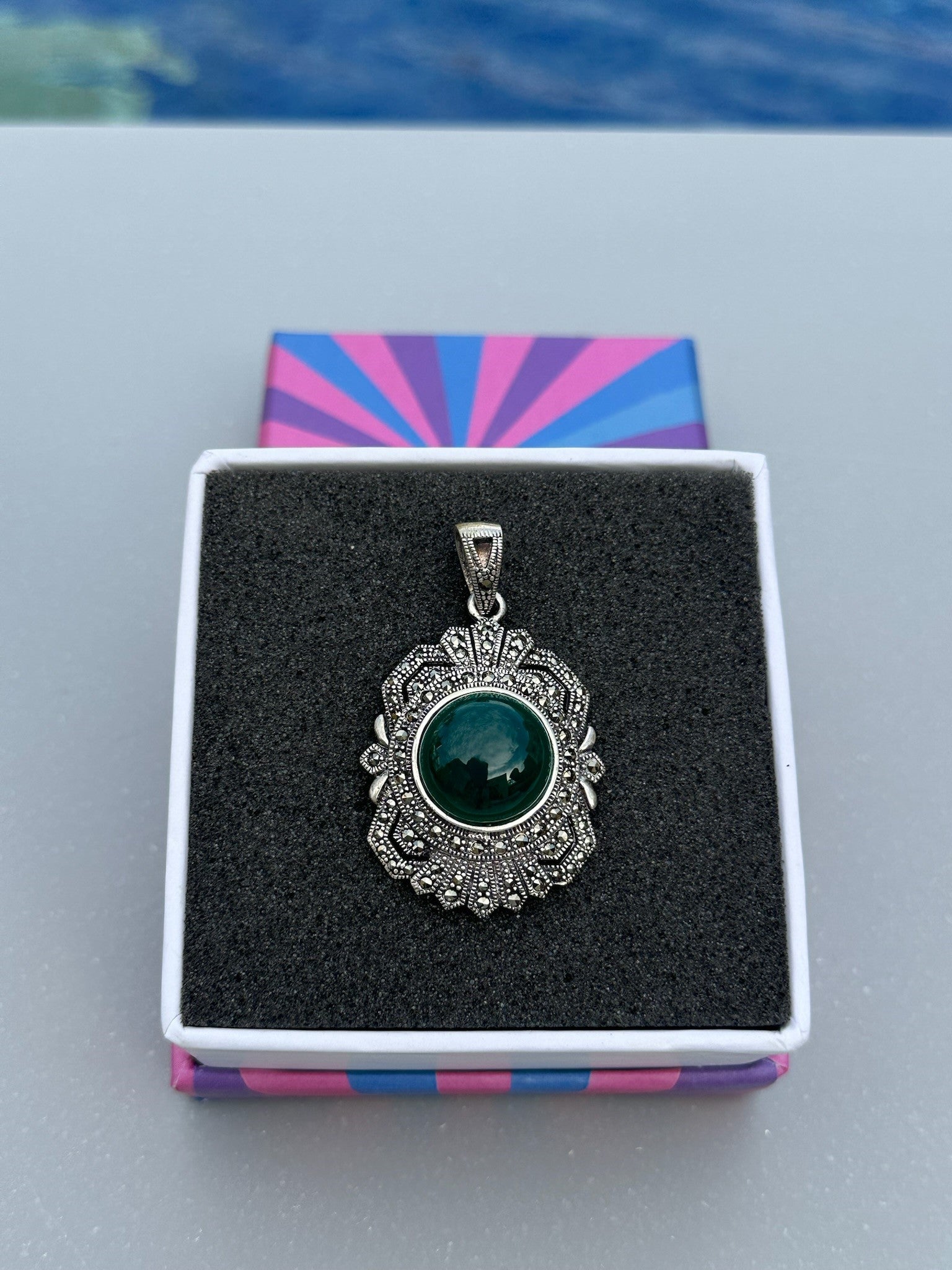 Malachite Marcasite Vintage Medallion