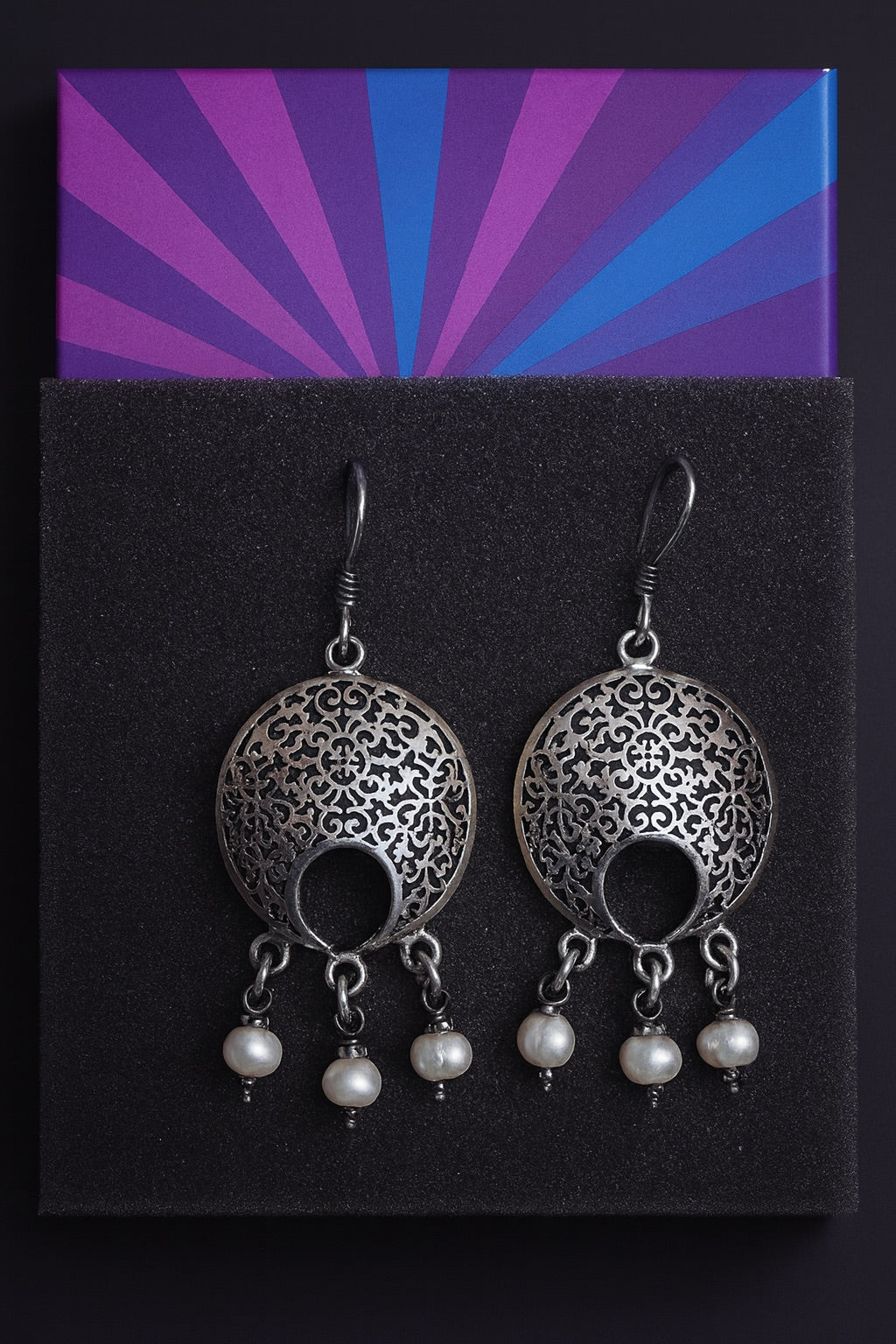 Oxidized Filigree Pearl Dangle Earrings